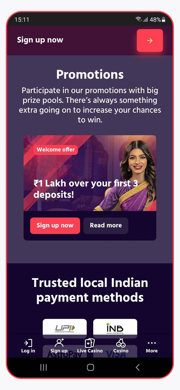 Screenshot of the Bigbaazi India Mobile Application Interface