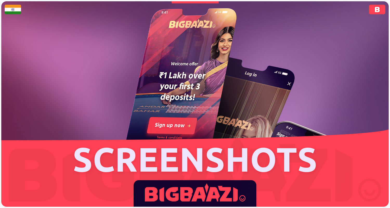 Screenshots of the Bigbaazi India Mobile Application Interface